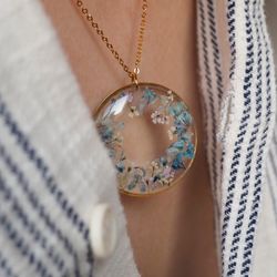 Pressed flowers necklace, Gold stainless steel necklace, Big round necklace
