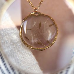 Pressed dandelion flower necklace, Gold stainless steel necklace