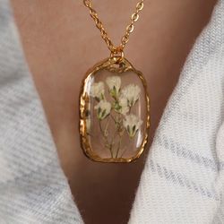 Pressed gypsophila flower necklace, Gold stainless steel necklace