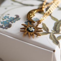 Sun and moon necklaces, Pressed aegopoduim flower necklaces, Real dry flower steel necklaces