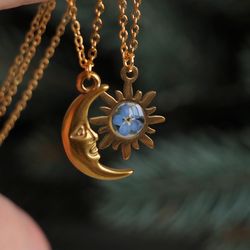 Sun and moon necklaces, Pressed forget me not flower necklaces, Real dry flower gold steel necklaces