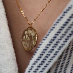 Pressed white gypsophila flower necklace, Gold stainless steel necklace