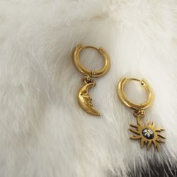 Sun and moon earrings, Pressed flower huggie drop earrings, Gold stainless steel earrings