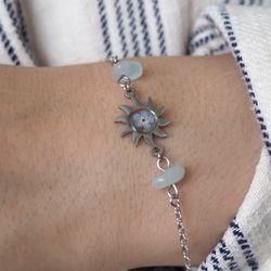 Adjustable pressed forget me not flower bracelet, Silver stainless steel sun bracelet, Real flower bracelet