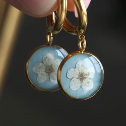 Pressed white flower huggie drop earrings, Dry flower round earrings, Gold stainless steel earrings