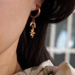 Pressed flower earrings, Gold stainless steel earrings, Star and moon earrings