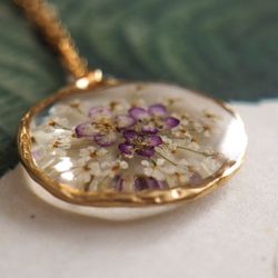 Pressed purple and white flowers necklace, Gold stainless steel necklace