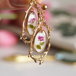 Pressed alyssum flowers earrings, Gold stainless steel earrings, Branch earrings
