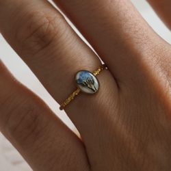 Adjustable ring, Pressed forget me not flowers resizable ring, Gold stainless steel ring