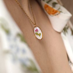 Pressed alyssum flower necklace, Small oval necklace, Gold stainless steel necklace