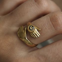 Adjustable hands ring, Dry flower resizable ring, Gold stainless steel ring