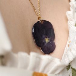 Dried viola flower necklace, Gold stainless steel necklace