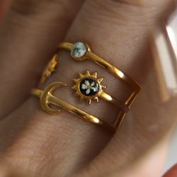 Adjustable nature ring, Pressed white and blue flowers ring, Gold stainless steel ring, Sun and moon resizable ring