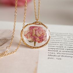 Dried pink flower necklace, Gold stainless steel necklace