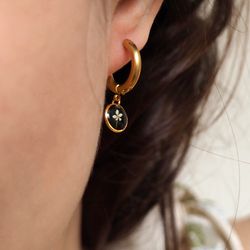 Pressed white flower huggie drop earrings, Dry flower round earrings, Small gold stainless steel earrings