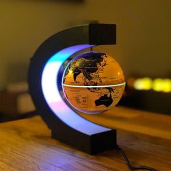 LED Floating Globe Lamp - Magnetic Levitation with C-Shaped Display, Powered by 12V DC Adapter