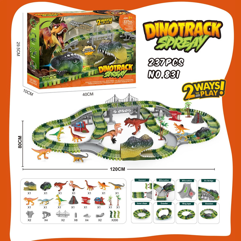 Dinosaur Track Electric Dinosaur Car, Light-Up Mountain Road Rail Toy for Kids