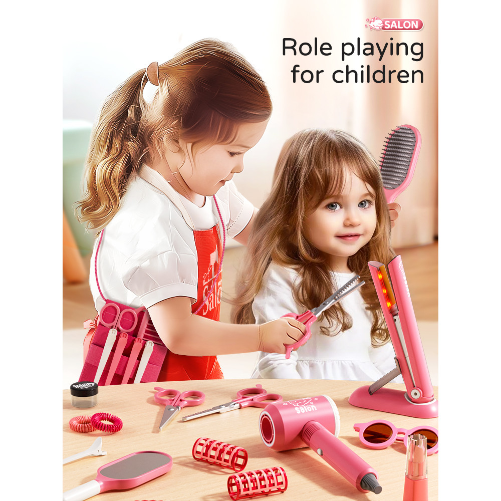 Kids Haircut Kit Set with Hair Dryer, Scissors, and Pretend Play Accessories, Educational Toy for Girls Birthday Gifts