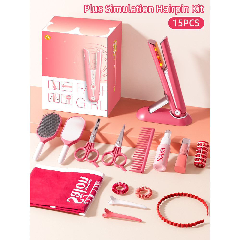 Kids Haircut Kit Set with Hair Dryer, Scissors, and Pretend Play Accessories, Educational Toy for Girls Birthday Gifts