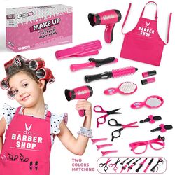 girls beauty salon set, pretend play hair cutting kit with hair dryer, scissors, barber apron & styling tools