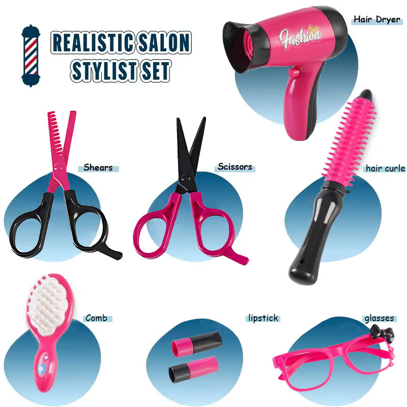 Girls Beauty Salon Set Pretend Play Hair Cutting Kit With Hair Dryer Scissors Barber Apron Styling 1