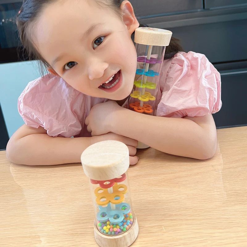 Montessori Baby Rain Stick Colorful Wooden Hourglass Rattle For Sensory Educational Play 2