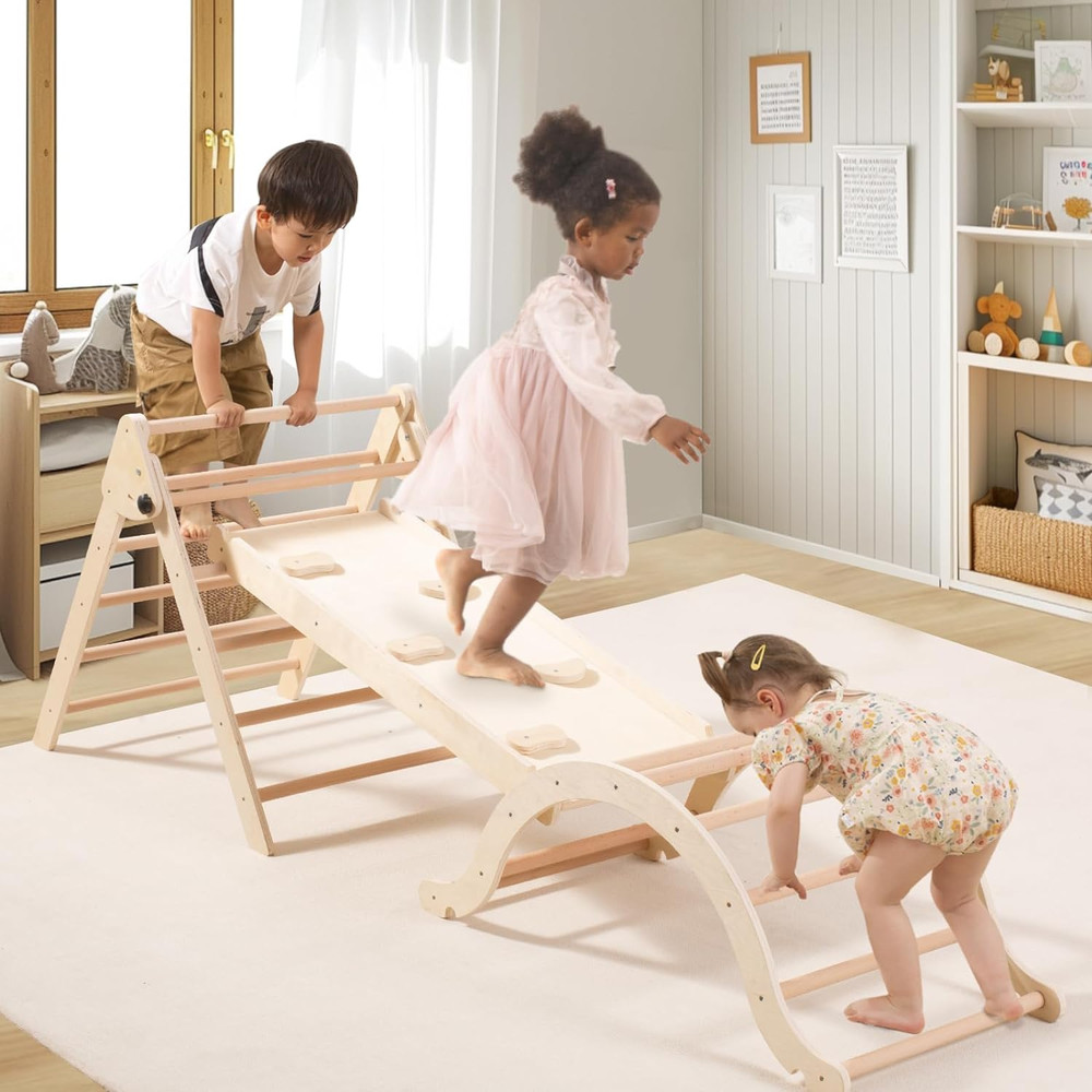 Medium Foldable Pikler Triangle Set with Sliding Ramp & Climbing Arch, 5-in-1 Wooden Toddler Climbing Toys Indoor