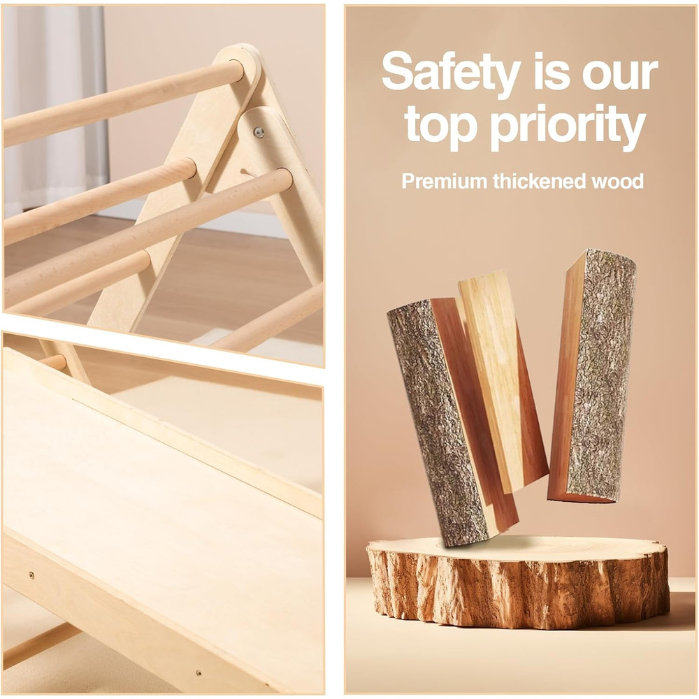 Medium Foldable Pikler Triangle Set with Sliding Ramp & Climbing Arch, 5-in-1 Wooden Toddler Climbing Toys Indoor