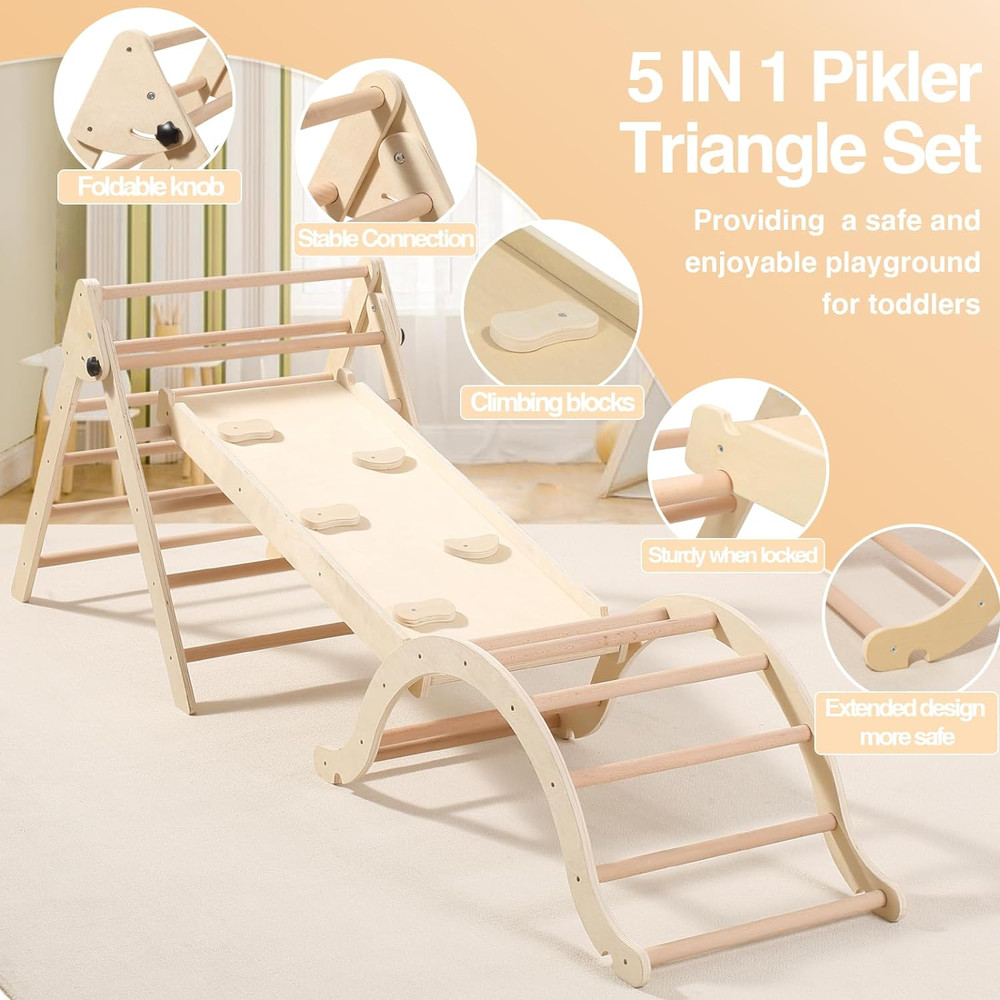 Medium Foldable Pikler Triangle Set with Sliding Ramp & Climbing Arch, 5-in-1 Wooden Toddler Climbing Toys Indoor