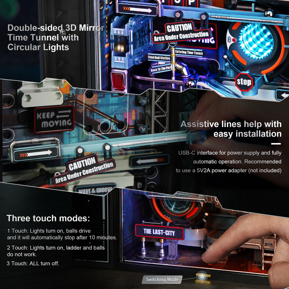 Robotime Rokr The Last City, Futuristic Marble Run 3D Puzzle Model with USB-C Automation & LED Light, Cyberpunk Gift