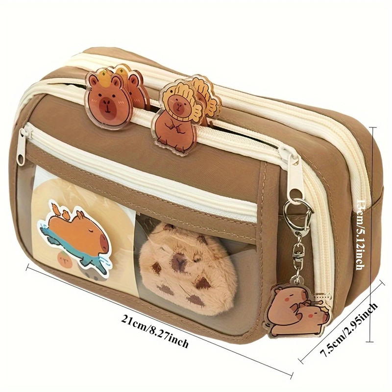 Cute Capybara Canvas Pencil Case Set With Doll Stickers Layered Compartment Zipper Closure For Back 3