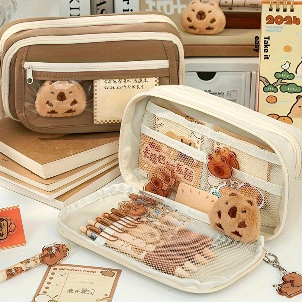 Cute Capybara Canvas Pencil Case Set With Doll Stickers Layered Compartment Zipper Closure For Back 2