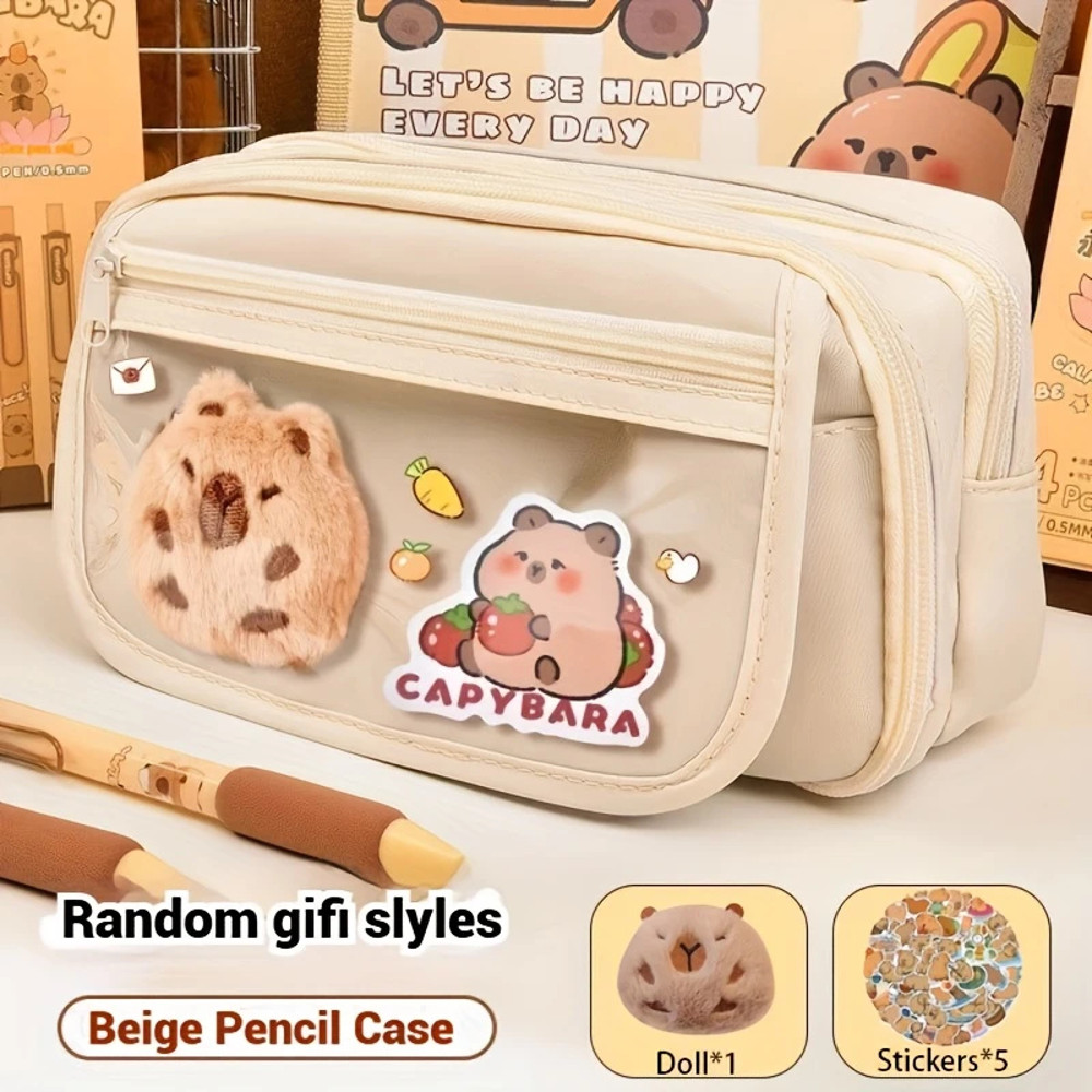 Cute Capybara Canvas Pencil Case Set With Doll Stickers Layered Compartment Zipper Closure For Back 6