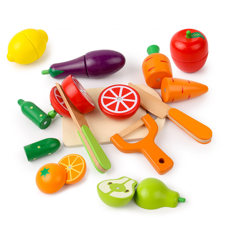 Wooden Fruit Vegetable Set Montessori Educational Toy Simulation Kitchen Pretend Game Kids Gift Cut 0