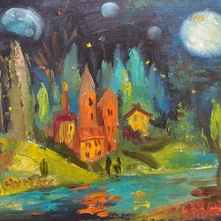 Oil painting impasto - night life - fantasy village in the forest under moon, exclusive handmade artwork