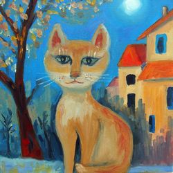 Oil painting handmade exclusive - cat portrait, city houses behind, roofs, tree