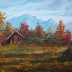 Exclusive oil painting - autumn in mountains, old hut hidden in mountains forest landscape