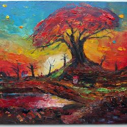 Red colorful sunset and huge oak tree almost night some houses exclusive oil painting impasto palette knife artwork