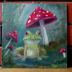 Green frog sitting under giant red mushroom original oil painting on canvas 8x8 "