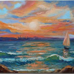 Seascape sunset and yacht sailboat in the open sea exclusive oil painting on canvas