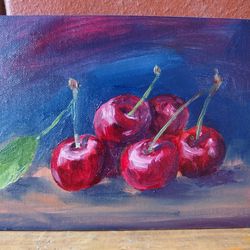 Cherries oil painting miniature handmade - red cherries on the table still life