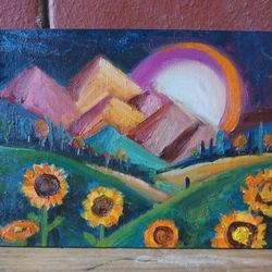 Sunflowers fields and mountains landscape - modern stylish oil painting miniature handmade 6 x 8