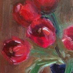 Red tulips in vase original handmade oil painting still life 10"x14" 25 x 35 cm