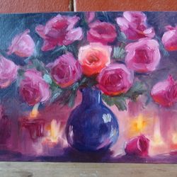 Roses and burning candles flames original handmade oil painting still life 10"x14" 25 x 35 cm