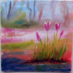First spring flowers - crocus - early spring - original handmade oil painting 8x8