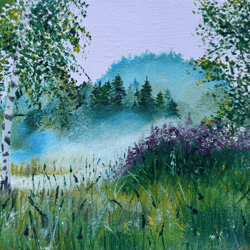 Oil painting of a landscape of nature. Morning in the forest. Small oil painting