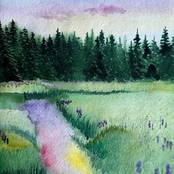Painting watercolor landscape of nature. Morning forest