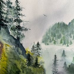 Watercolor painting - Misty forest in the mountains
