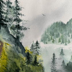 watercolor painting - misty forest in the mountains