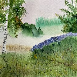 Watercolor painting of nature landscape. Morning forest